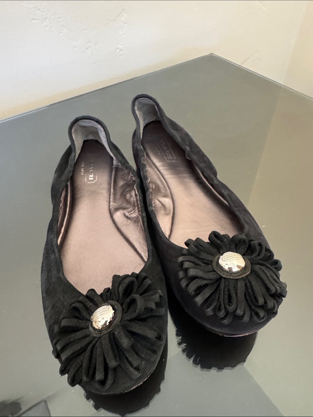 Coach Black Suede Floral Medallion Flats
